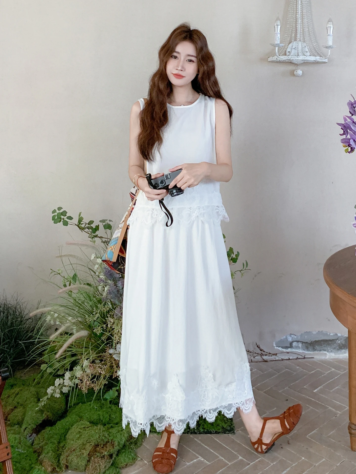 

Новый летний женский комплект с кружевным жилетом и юбкой, костюм из двух предметов Vaion Sle, круглые длинные брюки Ne ort Sve