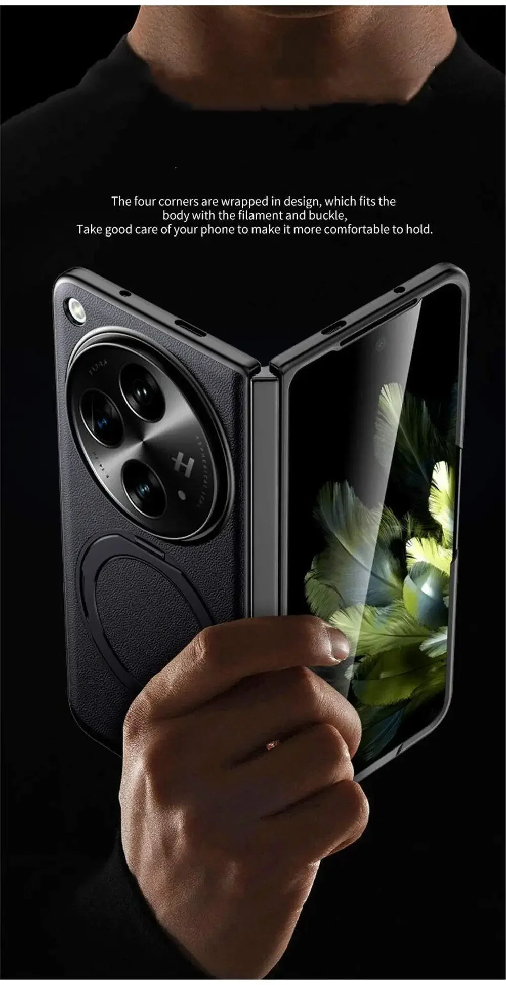 Asdipsa Genuine Cowhide Leather Case For OnePlus OPEN OPPO Find N3 Metal 360 Rotaring Ring Bracket Holder Cover