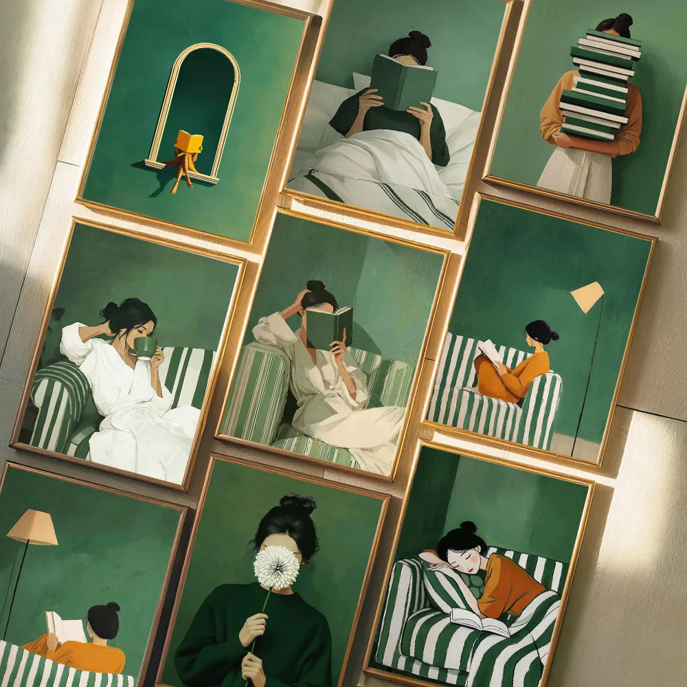 Emerald Green Woman Coffee Dandelion Wall Art Minimalist Female Prints Reading Book Canvas Poster Painting Decoration