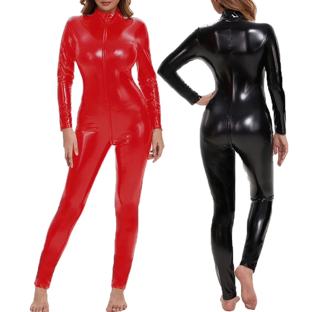 

Sexy Women Wet Look Faux Leather Catsuit Long Sleeve PU Leather Bodysuit Zipper Open Crotch Erotic Leather Pole Dance Costumes