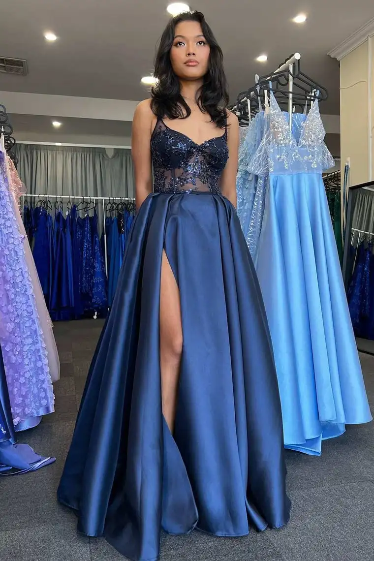 Shiyiecy Dark Navy Sexy V-neck A line Split Front Prom Dress Illusion Backless Lace Beading Floor-Length Party Evening Gowns