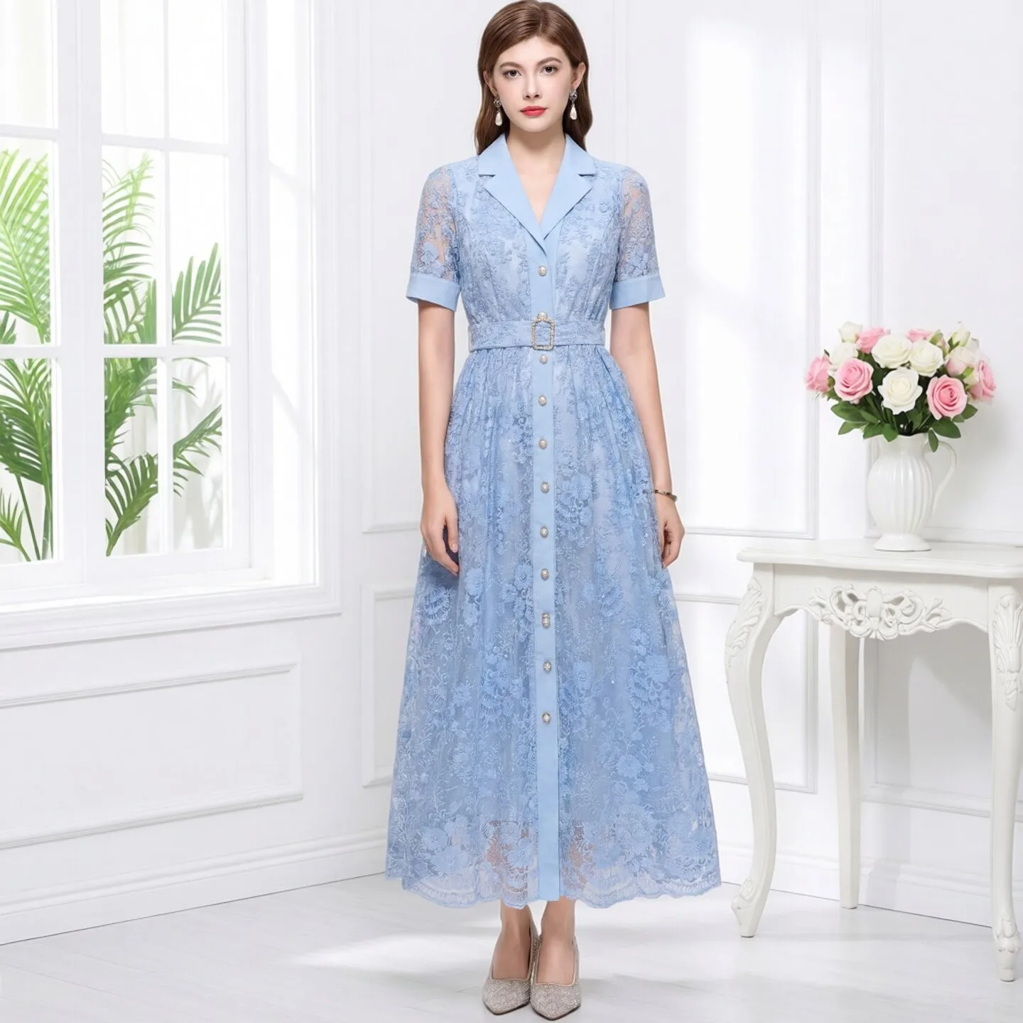 Elegant Blue Lace Dress with Suit Collar Retro European Court Style for Women High Waist A-Line Gown Suitable for Various Occ...