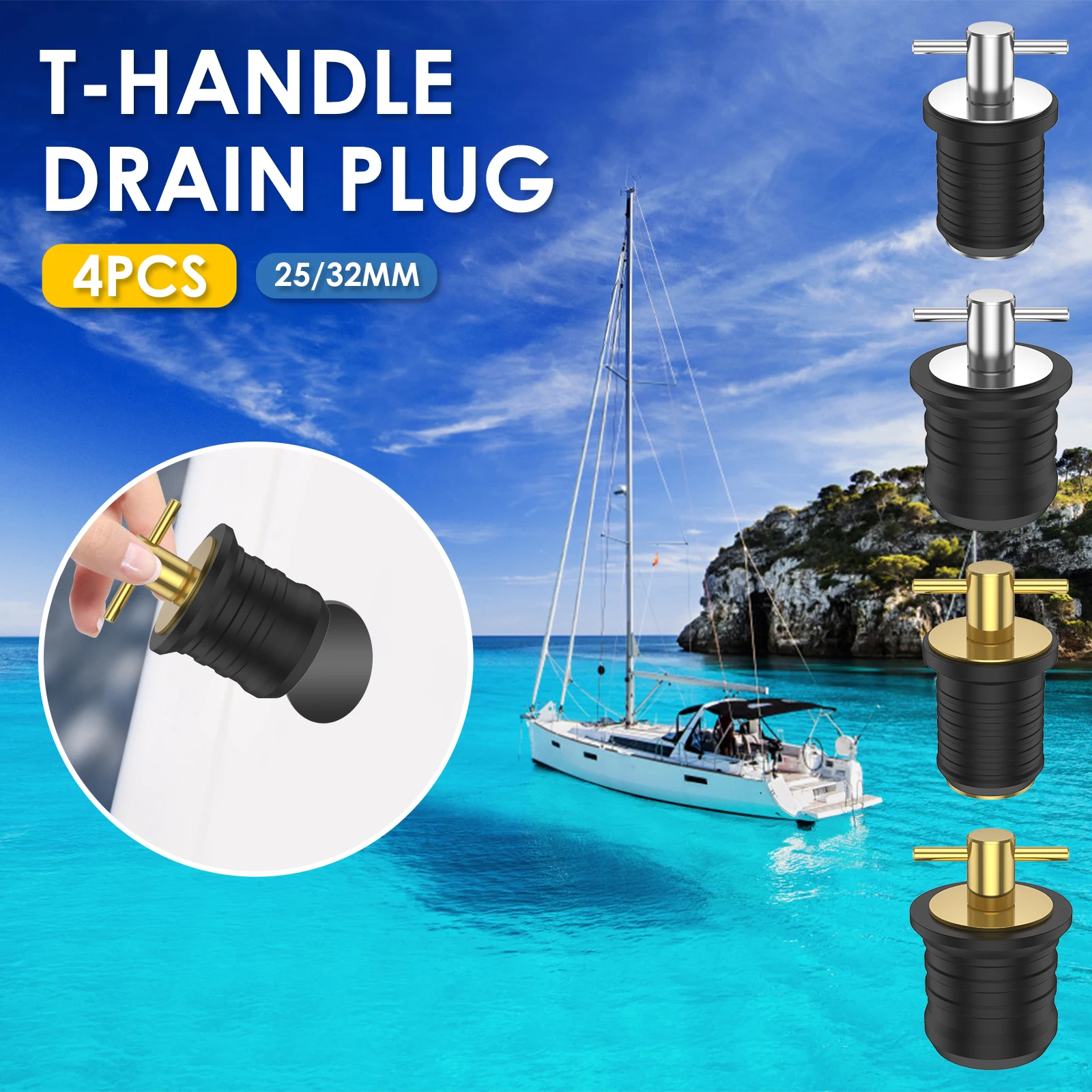 4Pcs T-Handle Drain Plug 25/32mm Metal Marine Boat Drain Plug Boat Rubber Plug Brass Boat Drain Twist Plug Sturdy Marine Boat