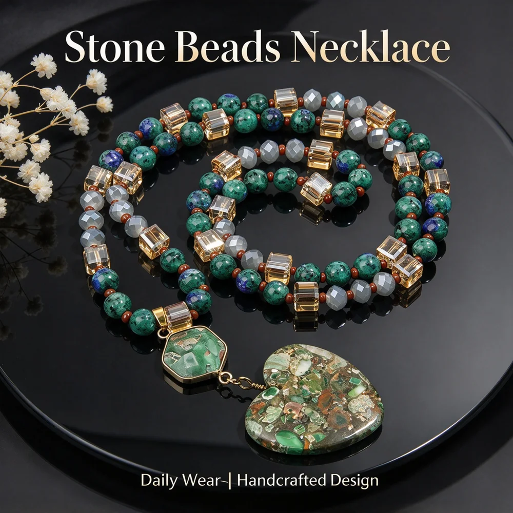 Handmade Composite Stone Beaded Necklace For Women Heart Shape Pendant Bohemian Statement Daily Wear Neck Jewelry