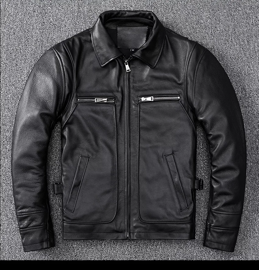 

Men's Slim Fit Lapel Motorcycle Jackets Classical Black Zipper Leather Coat Pure Top Layer Cowhide Genuine Leather Jacket