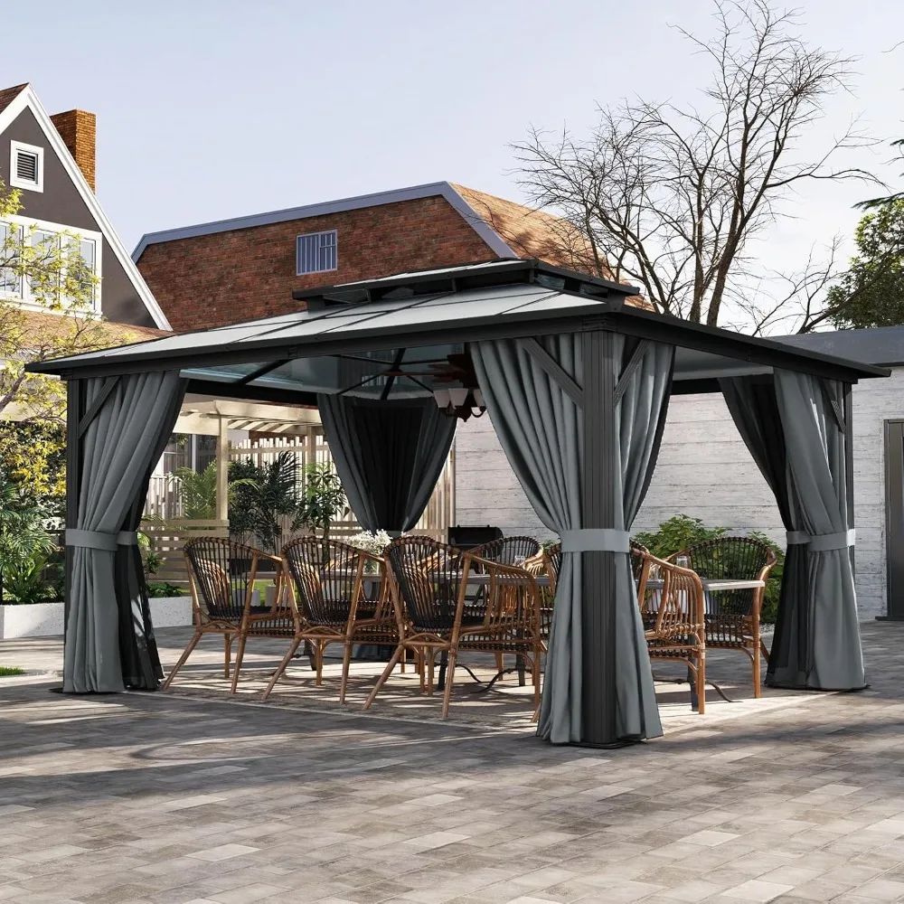 

12x14 Hardtop Gazebo Aluminum Frame Polycarbonate Double Roof Curtains Netting Patio Garden Lawn ,Customized