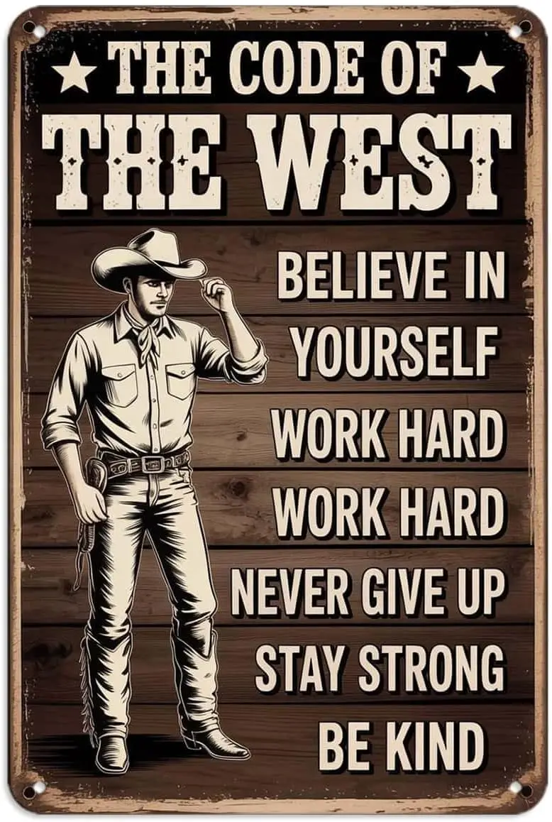 Western Cowboy The Code Of The West Tin Sign Inspirational Quote Vintage Metal Signs Wall Decor for Kitchen Bar Cafe Bedroom Hom