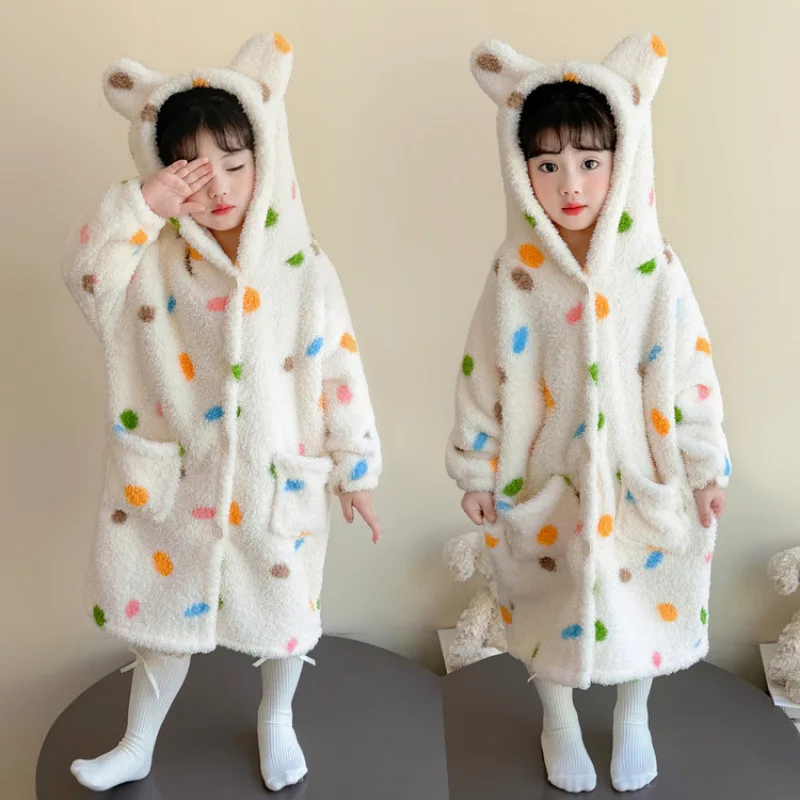 الفتيات الخريف الشتاء رداء رشاقته بيجامة مجموعة لينة روب للنوم البولكا نقطة المتسكعون مقنعين ثوب النوم العصرية ملابس الأطفال #3