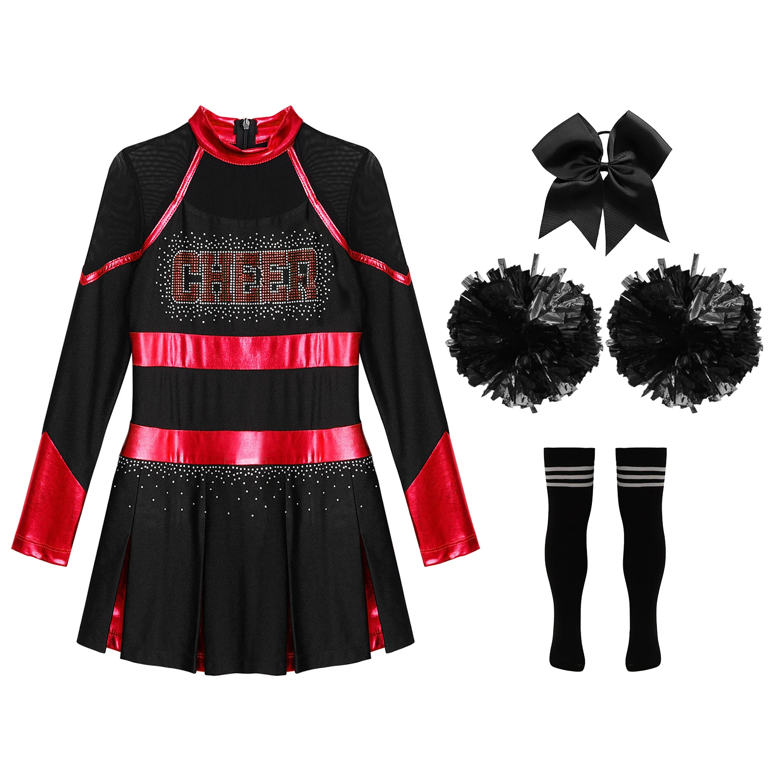 Kids Girls Cheerleading Uniform Cheerleader Costume Glittery Rhinestones Letter Pattern Metallic CLong Sleeve Pleated Dress