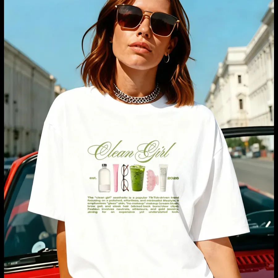 Y2K Clean Girl Aesthetic Skincare Graphic Cotton T Shirt Women Minimalist Cursive Letter Oversized Loose Casual Short Sleeve Top