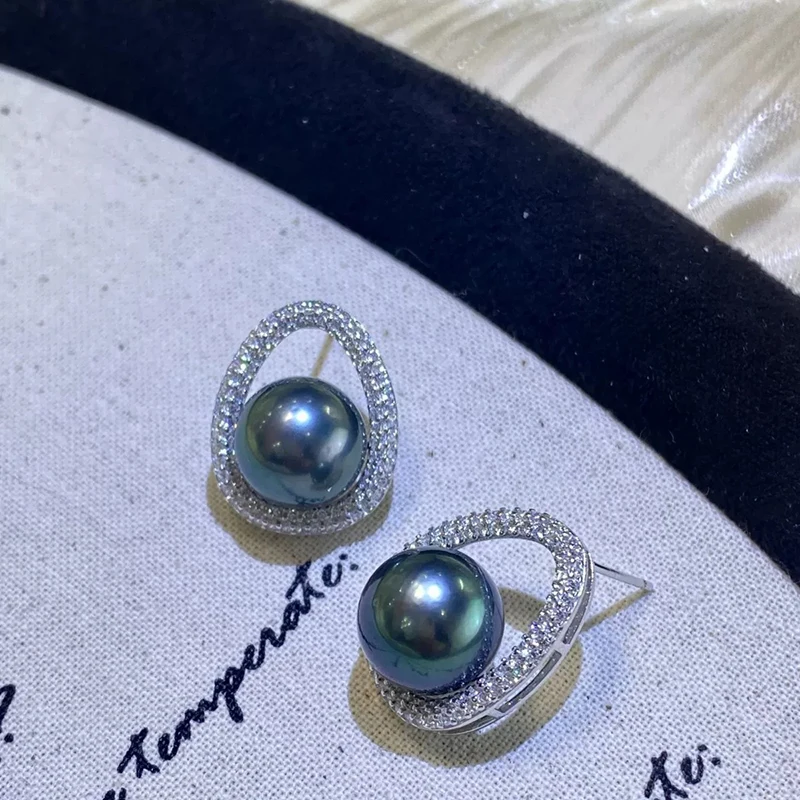 

Real S925 Silver Tahiti Pearl Stud Earrings For Women,Sterling Silver Natural Seawater Black Pearl Earrings Wedding Gift Girl