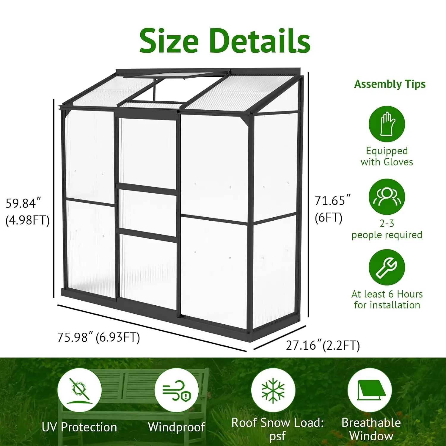 Aluminum Frame, 4mm Polycarbonate Panels, Small Green House, Adjustable Roof Vent, Rain Gutter and Sliding Door, Customized