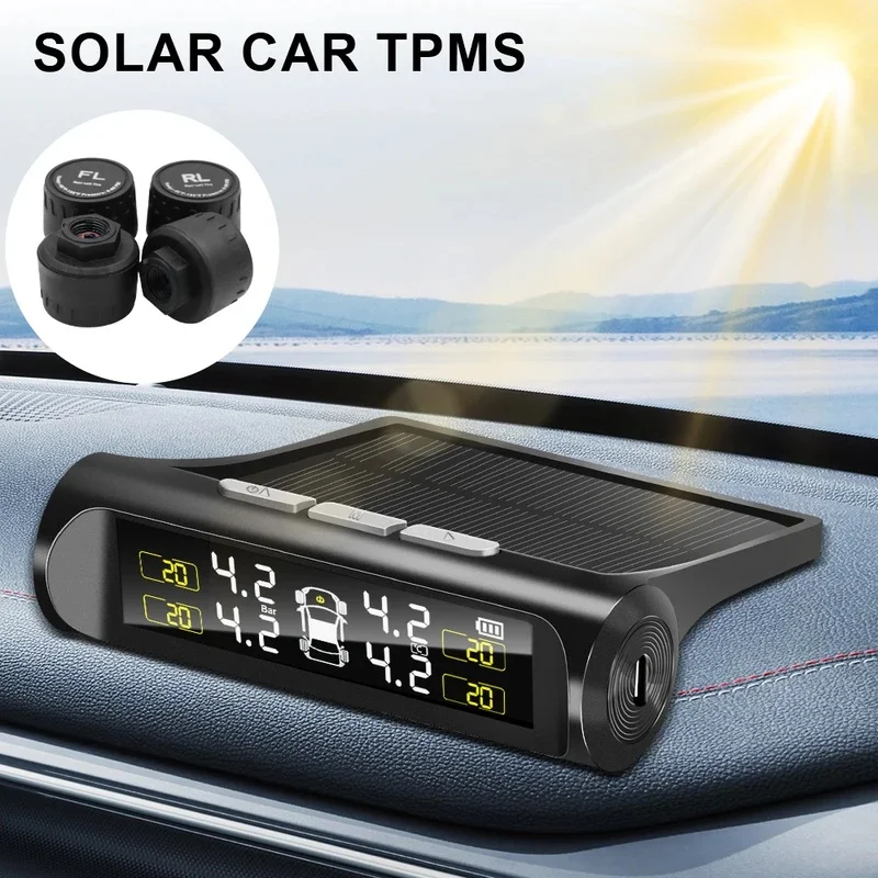 Solar TPMS Car Tire Pressure Monitoring System Solar Power Auto Tyre Security Alarm with External Sensor Universal Auto Accessor