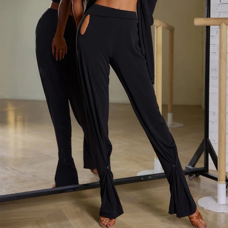 New ZYM Latin Dance Pants Women Adult Ballroom Dance Clothes Cha Cha Rumba Dance Practice Clothing Black Latin Trousers DNV19082