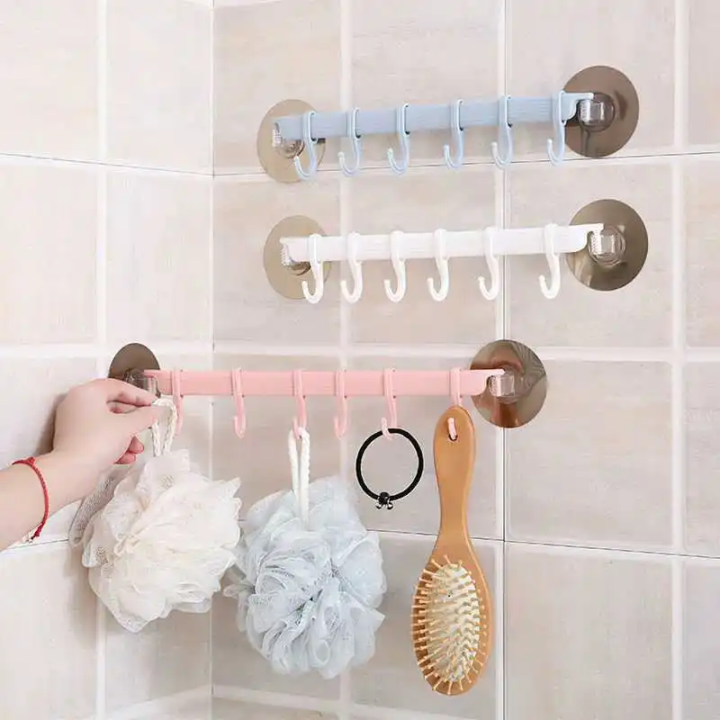 1pc Blue/White/Pink Suction Cup Type Hook 6 Rows for Kitchen Bathroom Corner Suspension Without Marks Hanger Hook