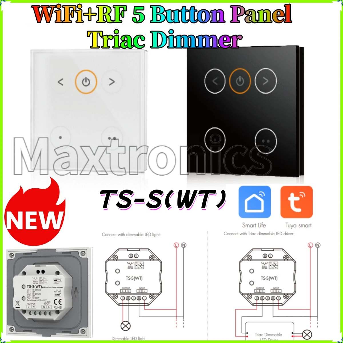 Skydance Tuya WiFi+RF 5 Touch Button Panel Triac Dimmer TS-S(WT) Smart APP cloud control 100-240VAC for Dimmable LED Light/Lamp
