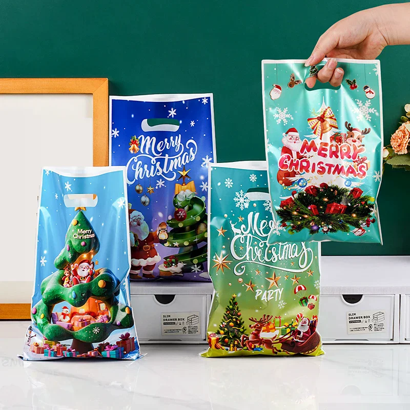 30 PCS Christmas Plastic Gift Bags Merry Christmas Goodie Bag With Handle Treat Candy Cookie Snack Bag For Xmas Party Supply