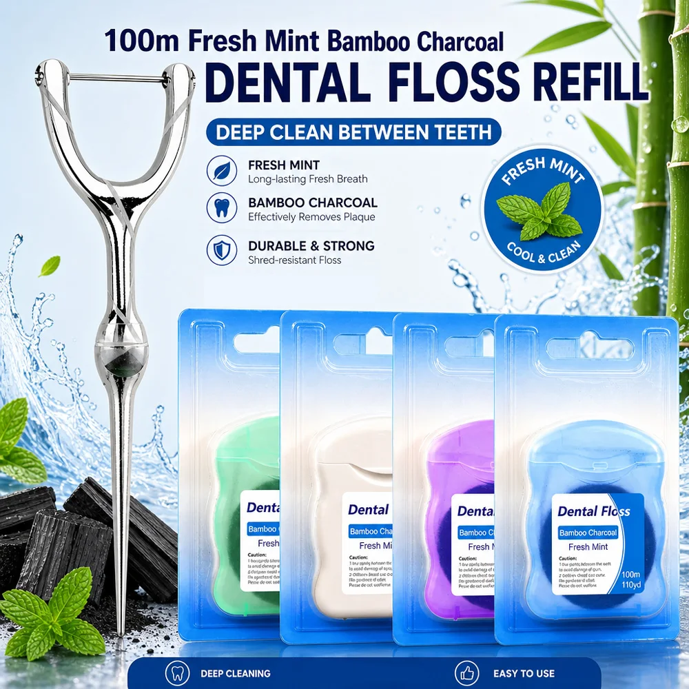 Stainless Steel Dental Floss Holder with 100m Bamboo Charcoal Mint Floss Refill, Reusable Flossing Tool for Home, Travel