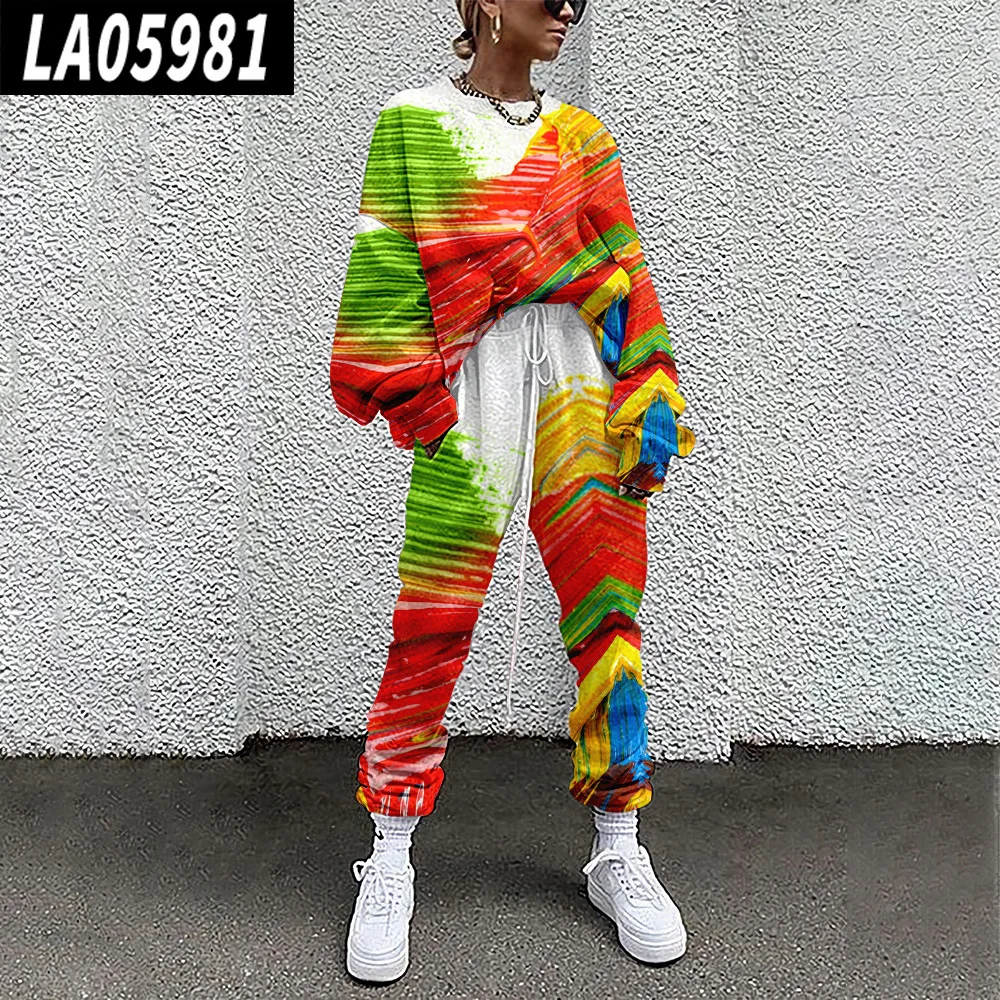 Sweat-shirt à manches longues pour femmes, imprimé à carreaux violets, pull et pantalon, vêtements de sport décontractés, printemps-automne