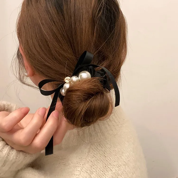 French Pearl Bow Ribbon Hair Scrunchie Soft Oversized Ponytail Holder for High Bun Cute Unique Daily Party Wedding