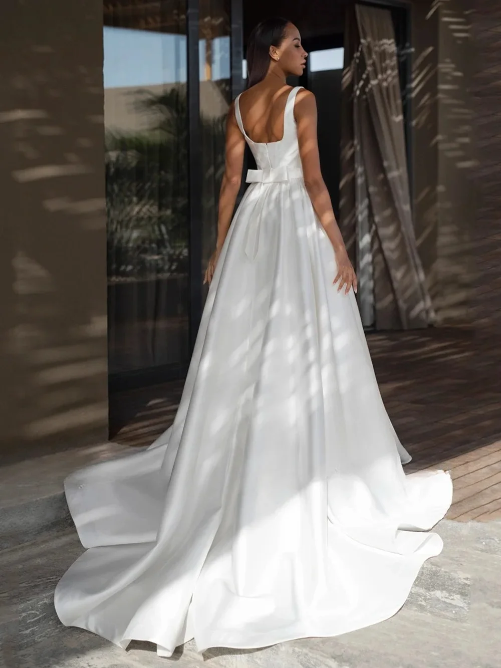 Customized Simple Africa Wedding Dress Sexy Square Neck Sleeveless Open Back A Line  Brush Train Floor-Length Satin Bridal Gown