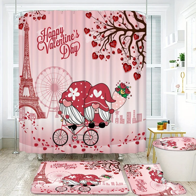 4pcs Diamond Heart Gnome Printed Shower Curtain Set, Waterproof Bathroom Partition Curtain With 12 Hooks, Non-Slip Bath Rug, Toi
