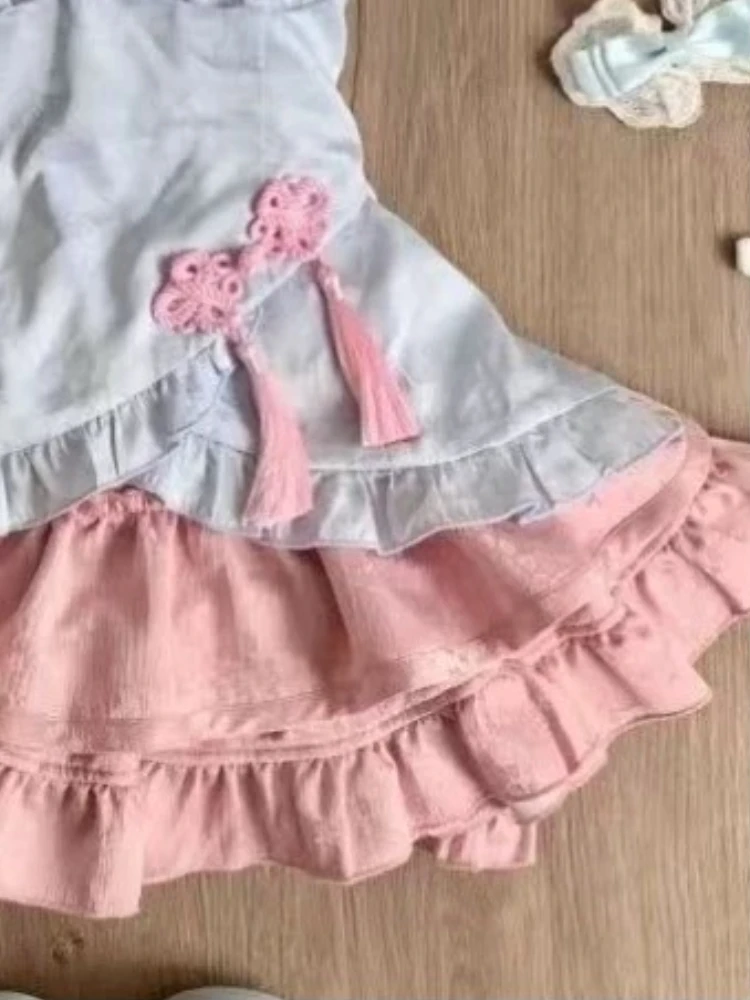 ใหม่Elegant Sweet Retro 2 ชิ้นชุดชุดสตรีแขนกุดเอวSlim Top + มินิโบว์เค้กกระโปรงHarajuku Kawaiiฤดูร้อนชุด 2025