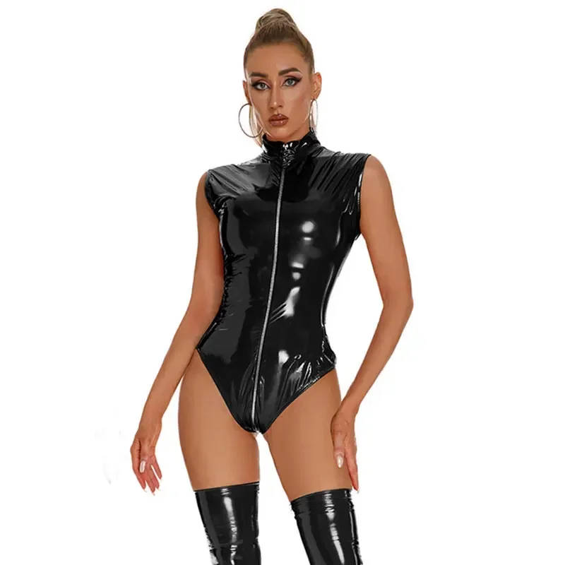 المرأة المثيرة مثير PVC اللاتكس ارتداءها فو الجلود Catsuit المرأة لامعة فو الجلود ارتداءها الجبهة زيبر ثوب بودي كون