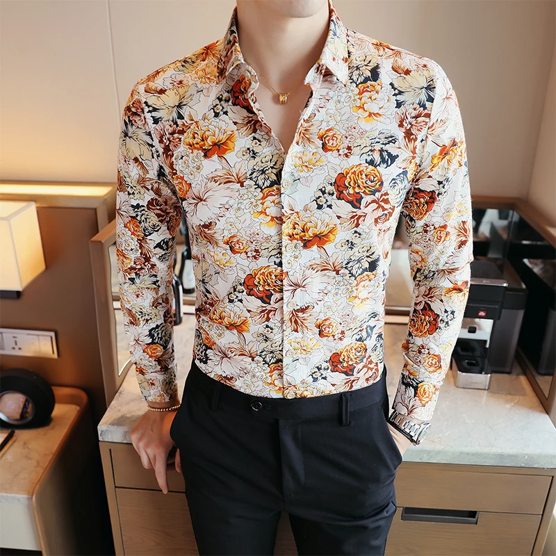 Men Shirts Cotton Vintage Clothes Flowers Shirt Korean Clothing Men\'s Fashion Beach Men\'s Spring Long Sleeve Shirt Top