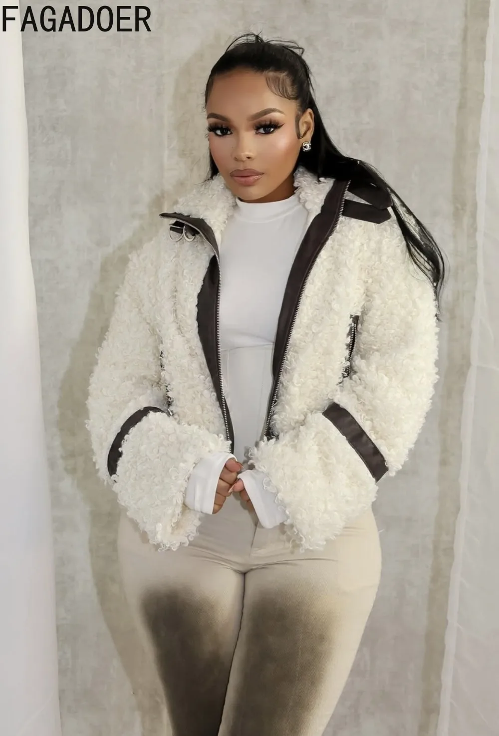 FAGADOER شتاء جديد عادية جلدية الفراء المرقعة معطف المرأة بلون طويل الأكمام جاكيت زيبرا ملابس الشارع الشهير الإناث #2