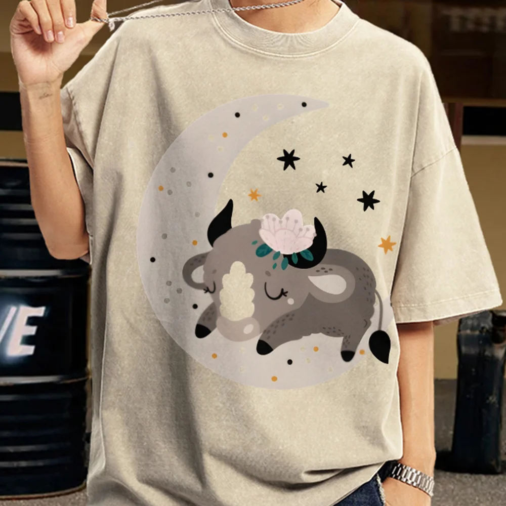

Trendy Vintage Unisex Y2K Clothes Moon Cow T-shirt 100% Cotton High Quality Oversize Washed Tee Cow Print Whimsical Y2K Vibe