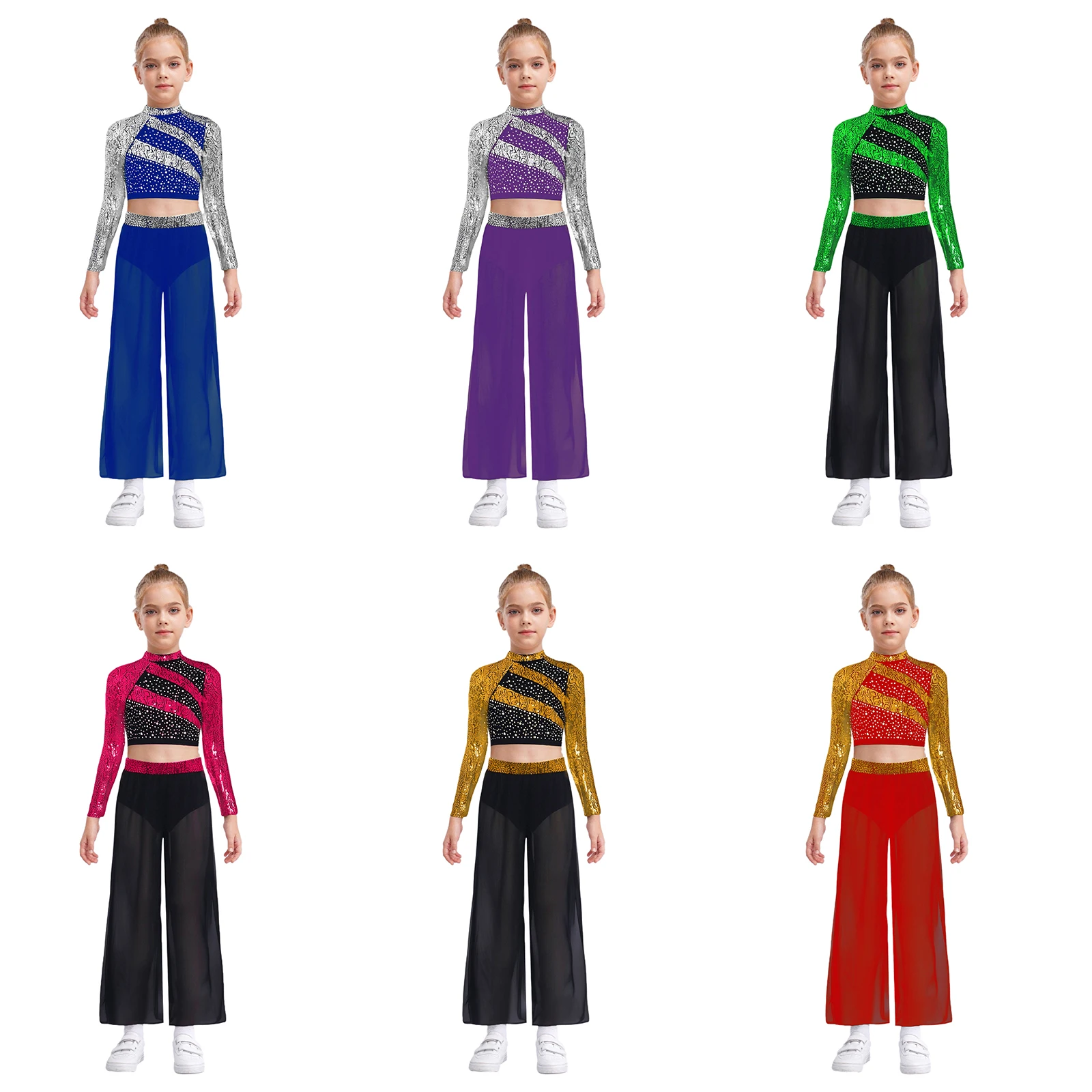 สาวเต้นรําละตินเครื่องแต่งกาย Mock คอแขนยาว Cutout กลับกดปุ่ม Crop Top กว้างขาด้านข้าง Slit กางเกงเต้นรํา