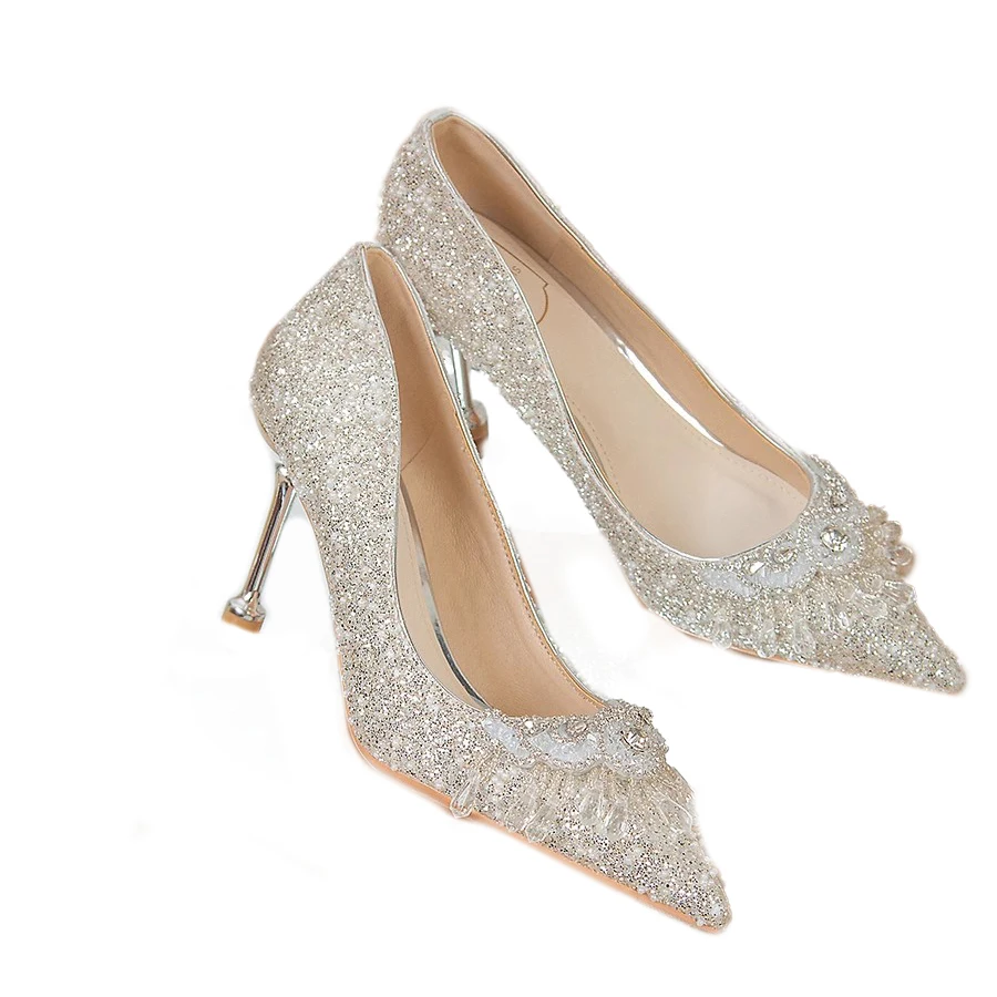 New Stilettos Clear Crystal Tassel French Silver Heels Wedding Women Crystal Bridal Slim Heels High-end Feel Dress Bridesmaid