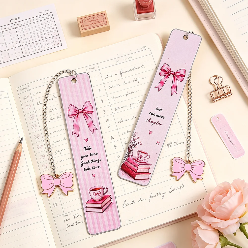 Double Sided Stainless Steel Bookmark, Pink Bow Book Markers with Chain Charm, Cute Aesthetic Reading Accessory, Book Lover Gift