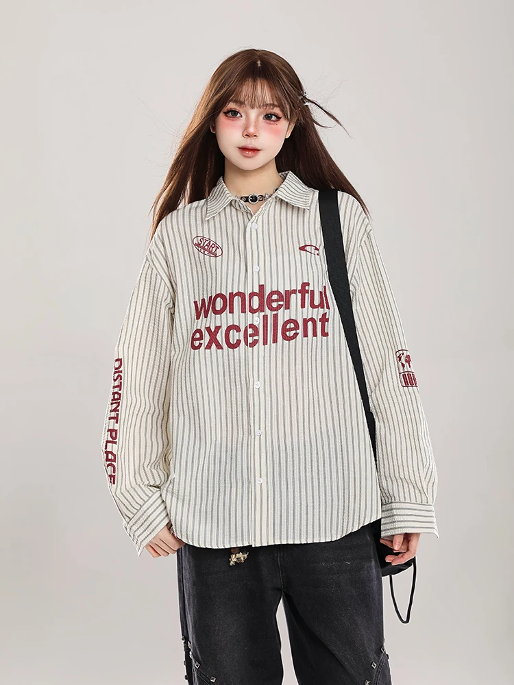 

Ретро-американский повседневный топ с длинным рукавом для женщин, с полосатым принтом и надписями, для создания молодежного образа, осенняя новинка