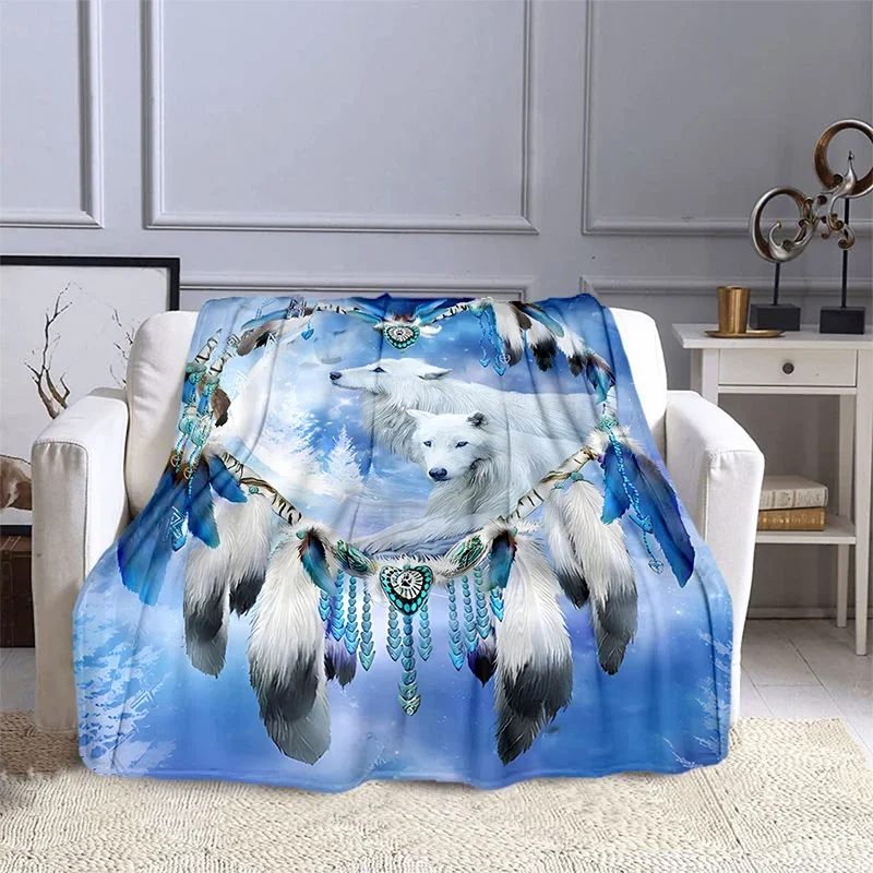 Wolf Animal Flannel Throw Blanket Dreamcatcher for Children and Adult Bedrooms Couch Sofa Decor Soft Lightweight King Queen Size