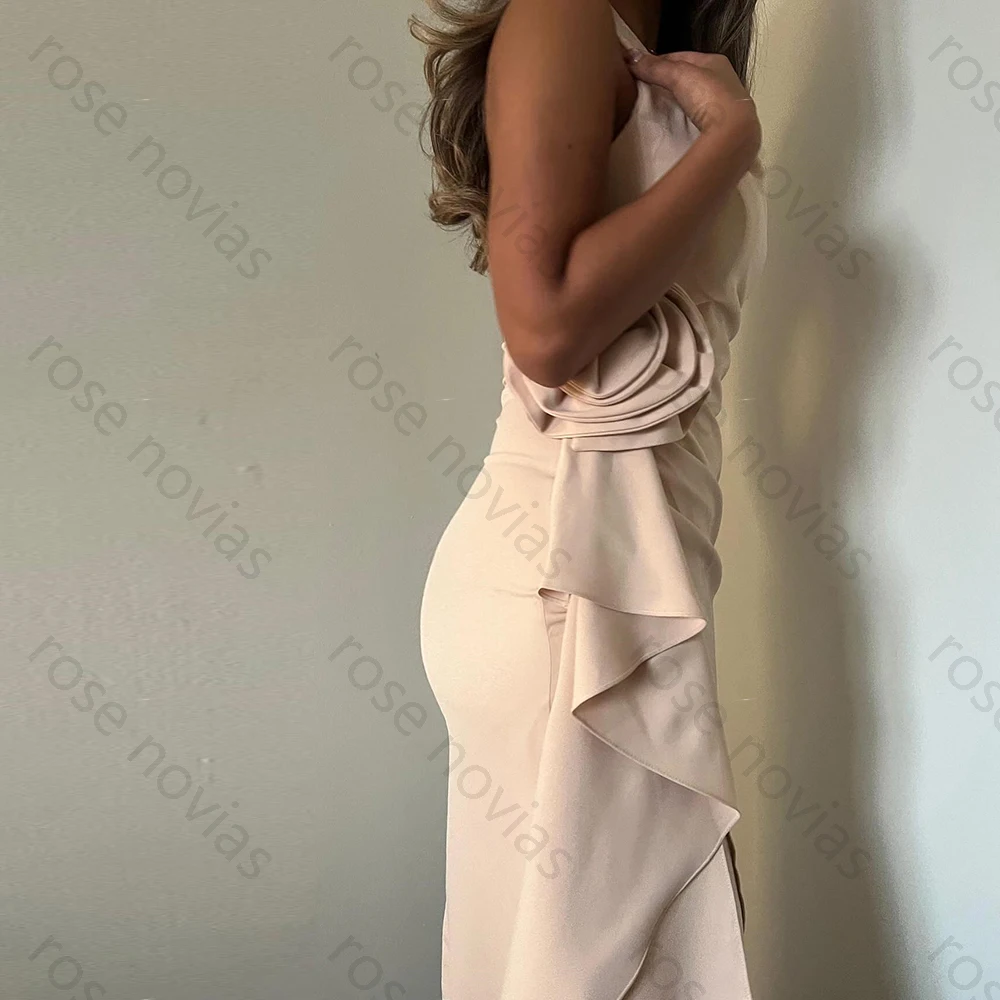 Vestido de noche recto con cuello Halter, Sexy y elegante, de alta calidad, hasta el tobillo, Jersey, sin mangas, plisado, flor 3D, vestido de graduación fruncido