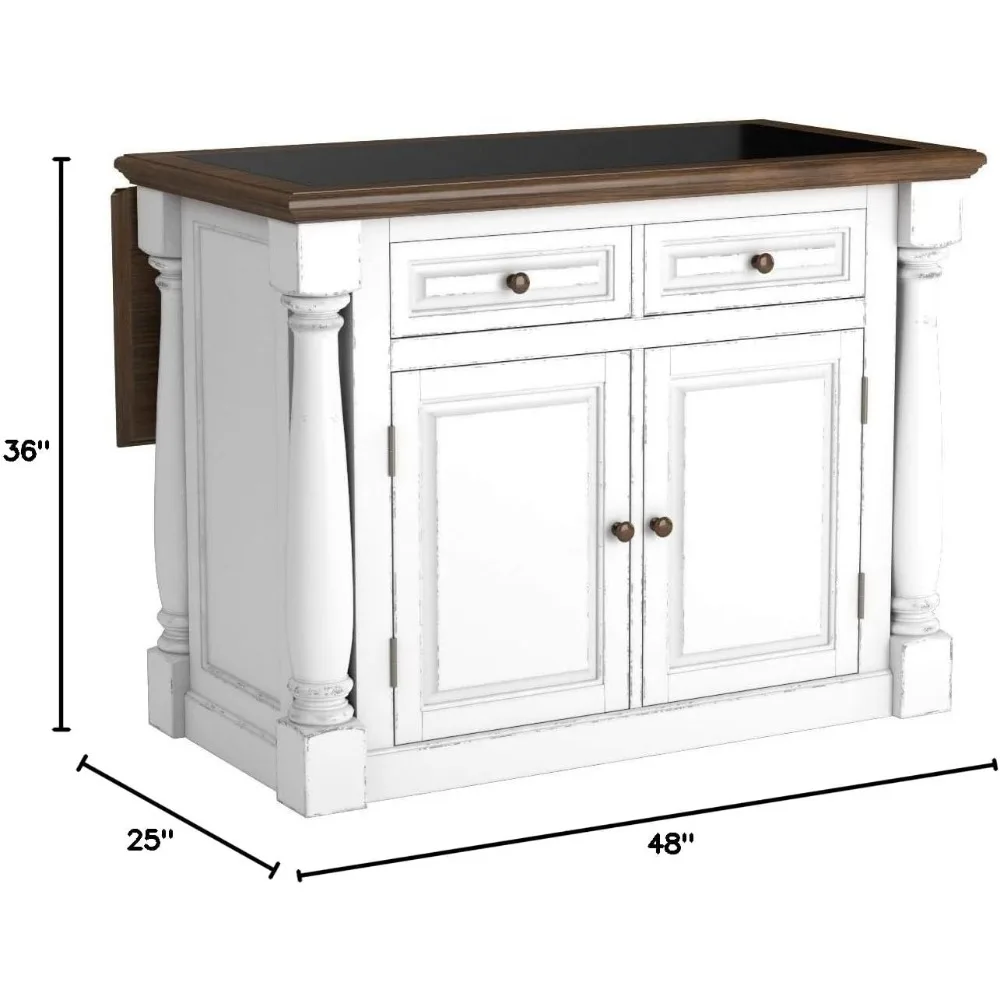 Gaya rumah monarki Pulau dapur putih dengan atasan Oak ketat, Inset atasan granit hitam, kayu keras, Bar Sarapan, dua laci