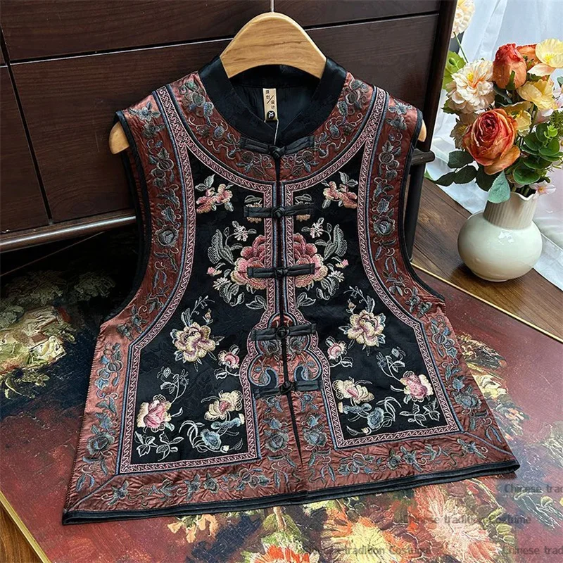 

Роскошные жилеты с цветочной вышивкой в китайском стиле, одежда Тан, винтажная атласная женская элегантная верхняя одежда, топ без рукавов Hanfu, пальто Qipao