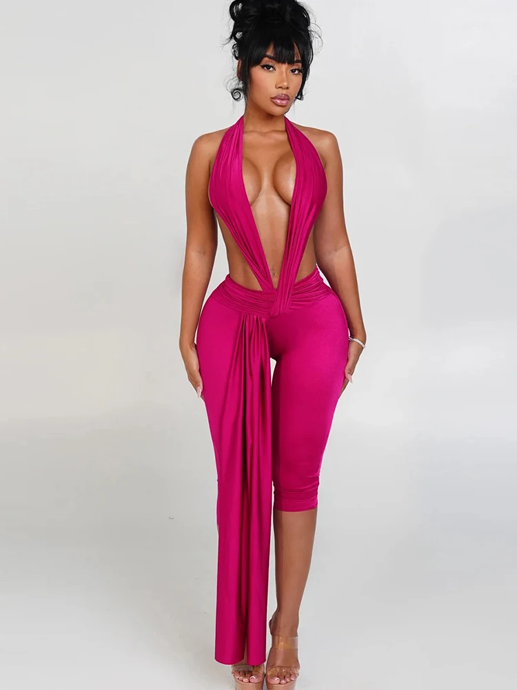 بدلة لعب عصرية مثيرة من Kliou للسيدات بياقة مفتوحة وظهر مكشوف بدون أكمام مزخرفة بشريط ضيق على شكل الورك الخوخي ملابس نادي منتصف الليل