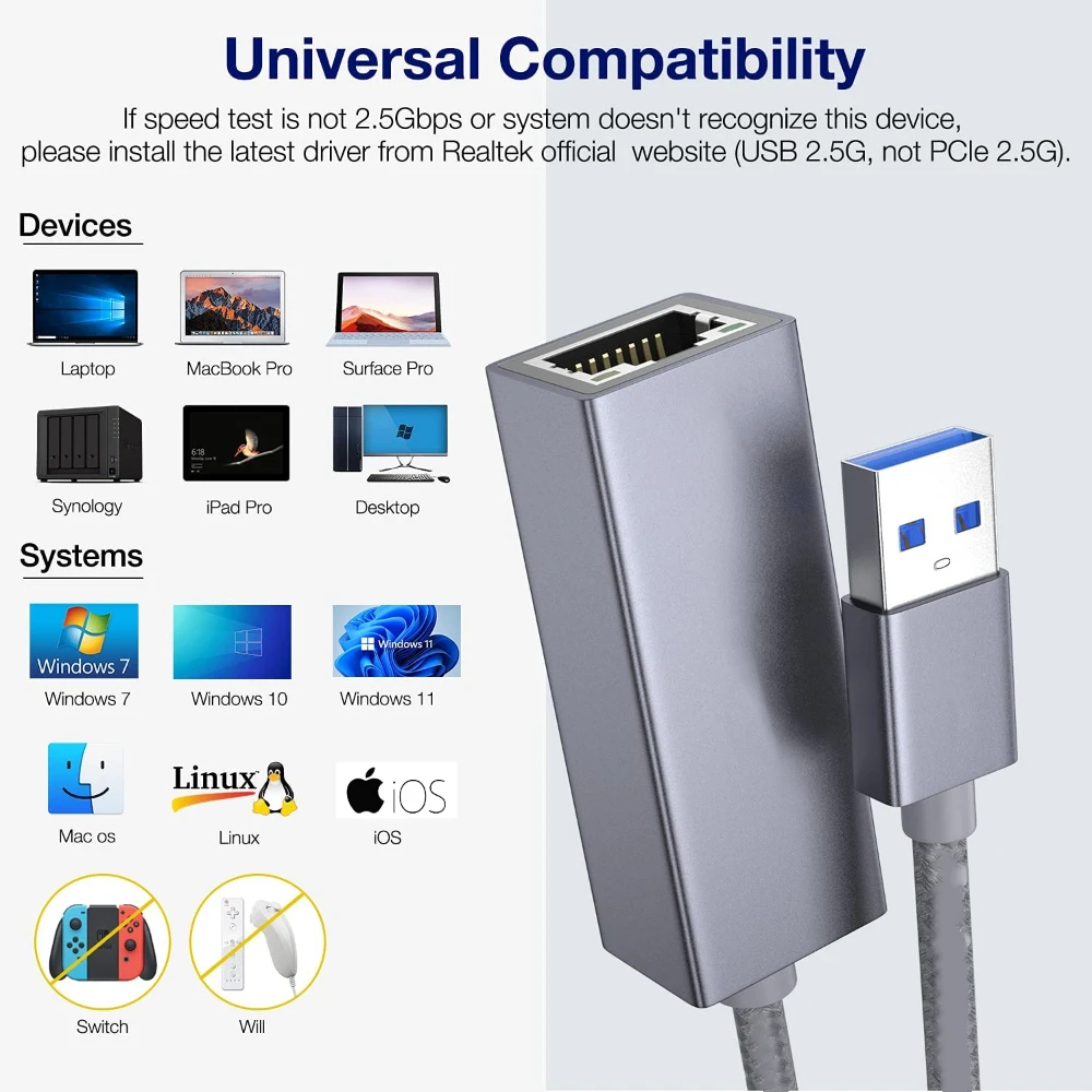 USB 3.0 To 2.5G LAN Gigabit Ethernet Adapter RTL8156B 2500/1000/100Mbps USB C 3.1 RJ45 Network Card for Laptop Desktop PC