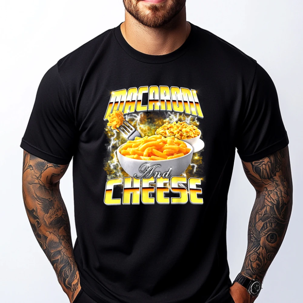 

Macaroni and Cheese Meme Bootleg Rap Style 90s Vintage Funny Graphic T Shirts Men Man Clothes Vintage Style