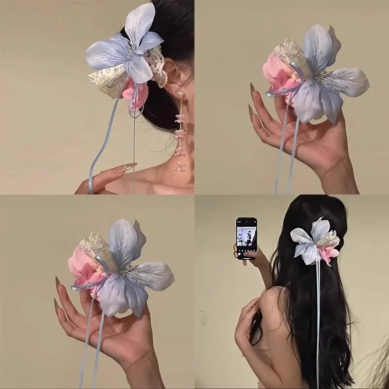 

Pure desire wind pink flower edge clip Mori fairy air sweet atmosphere large hair grab side tie hairpin hairpin