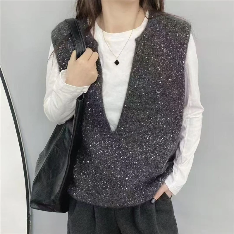 

Woman Sequined Shiny V Neck Knit Sweater Vest Spring Autumn Sleeveless Tops Jumper Pullover Knitwear Bottoming Shirt Female