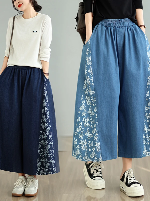 Authentic Vintage Patchwork Print Wide Leg Denim Jeans Women's Skirt Pants Elastic Waist Nine Points Cotton Polyester Blend