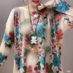 Loose Large Size Printed Hot Diamond Knit Sweater For Women Spring/Summer Tops 2024 New Women's Hollow Knitted Pullover Top