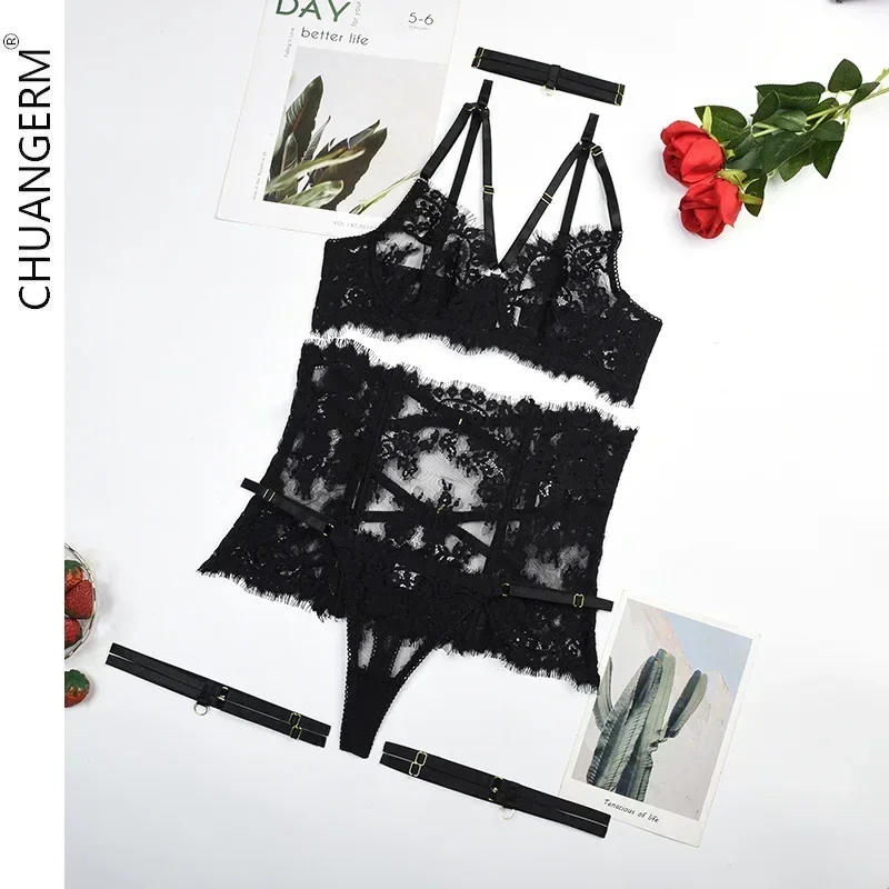 

CHUANGERM Sexy Lingerie Gathered Bra Sexy Lace Cut Out Shapewear Separates Underwear Leg Ring Five-piece Set 2024 New Summer