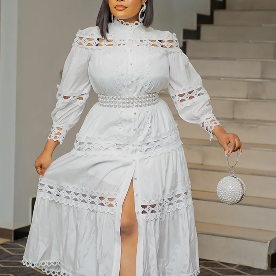 Übergröße Kleider Damenmode Sommerkleid 2026 Elegantes Spitzen-Patchwork Ausgeschnittenes Weißes Hochzeitsgast-Strandkleid