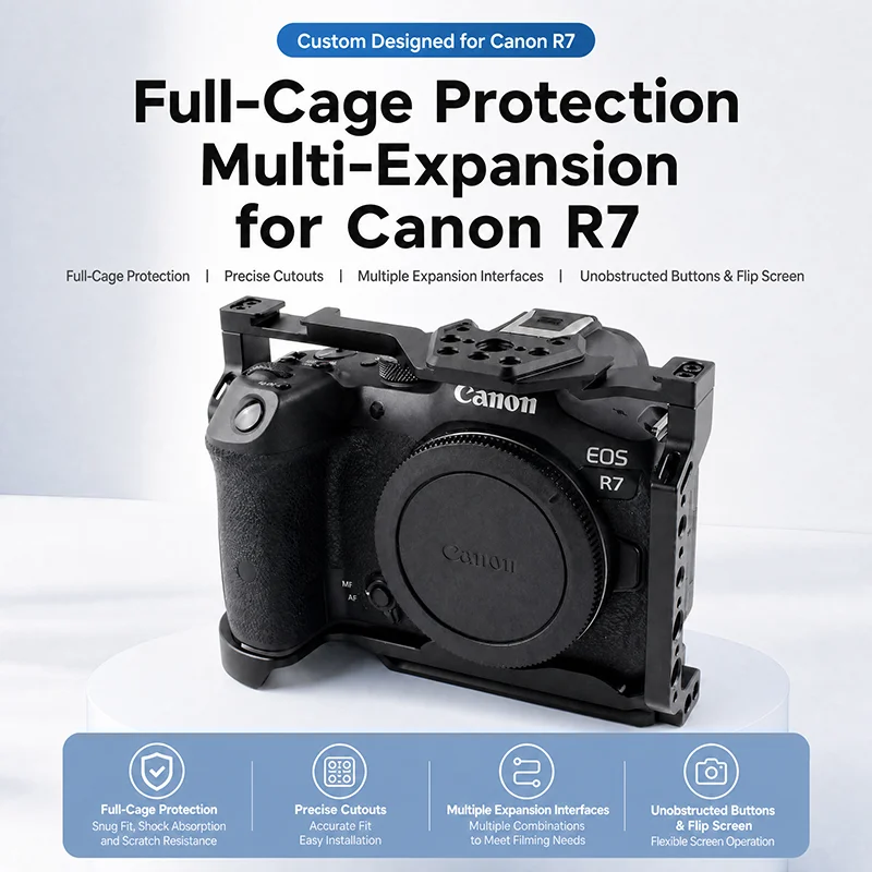 Camera Cage for Canon EOS R7 Built in Magnetic Wrench Precise Cutouts Gimbal Tripod Compatible Vlogging Filmmaking