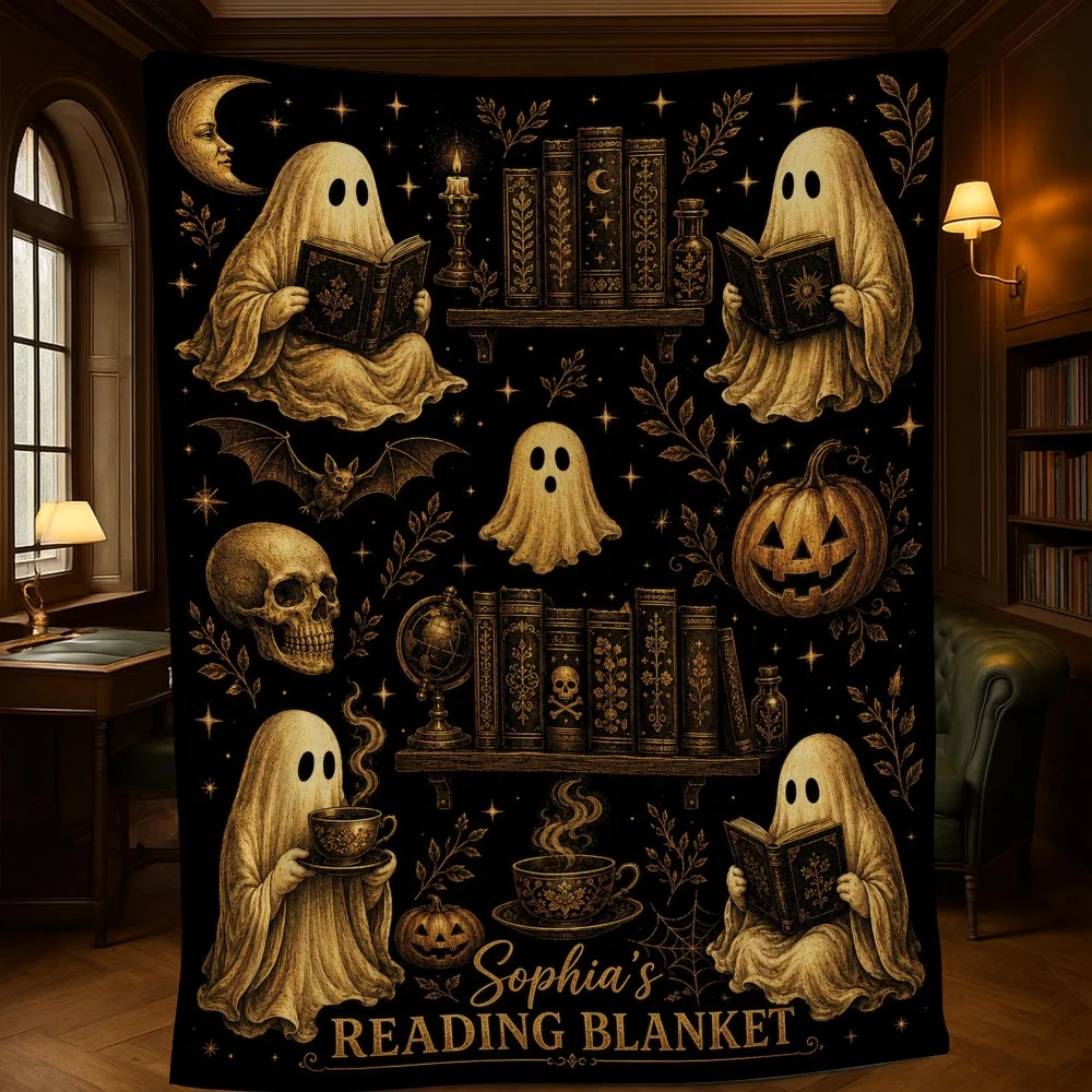 Custom Name Halloween Throw Blanket Fleece Vintage Reading Ghost Book Skull Pumpkin Bat Moon Dark Background Sofa Bed Blanket